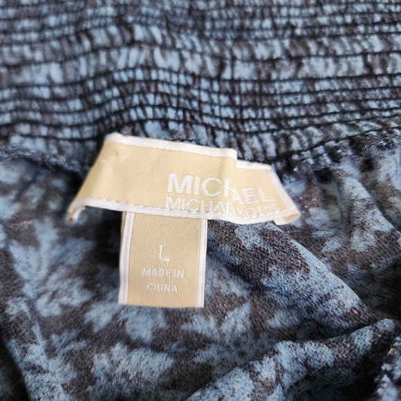 Michael Kors Women’s Blue Gold Off Shoulder Smocked Stretch Semi Sheer Sz L - Picture 11 of 12